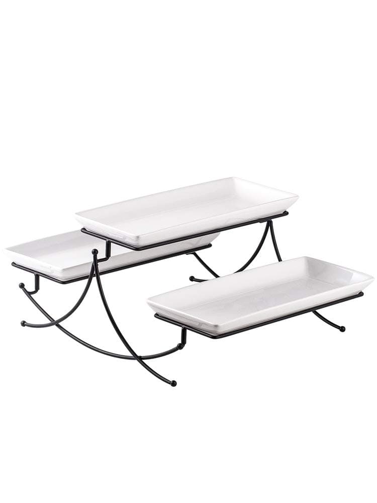 3 Tier Serving Stand Collapsible Tiered Serving Stand with 3 Porcelian Seving Platter for Food Display Cake Dessert Buffet Server 14-inch