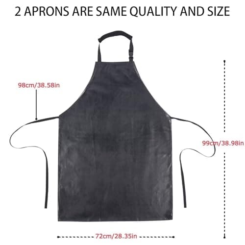 2 Pack Waterproof Rubber Black Vinyl Apron for Men 39" Lightweight Chemical Resistant Industrial Work Apron Adjustable Plastic Aprons for Dishwashing Butcher Dog Grooming Lab Work Fish Cleaning