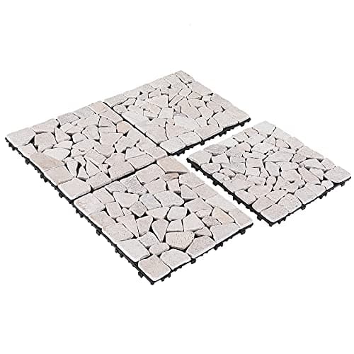 PURE ERA Marble Pebble Deck Patio Floor Tiles (4-Sheets) 12”x12” Interlocking Indoor and Outdoor Use Tile Natural Stones Quick and Easy Installation 4 sq. ft (4, Sliced Tan)