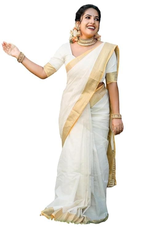 Women's Solid White Color and Gold Border Cotton Blend Saree with Unstitched Blouse Material-Special for Pongal Onam Festival (AZ-YS-OG1-PONGAL, White, One Size, White, One Size