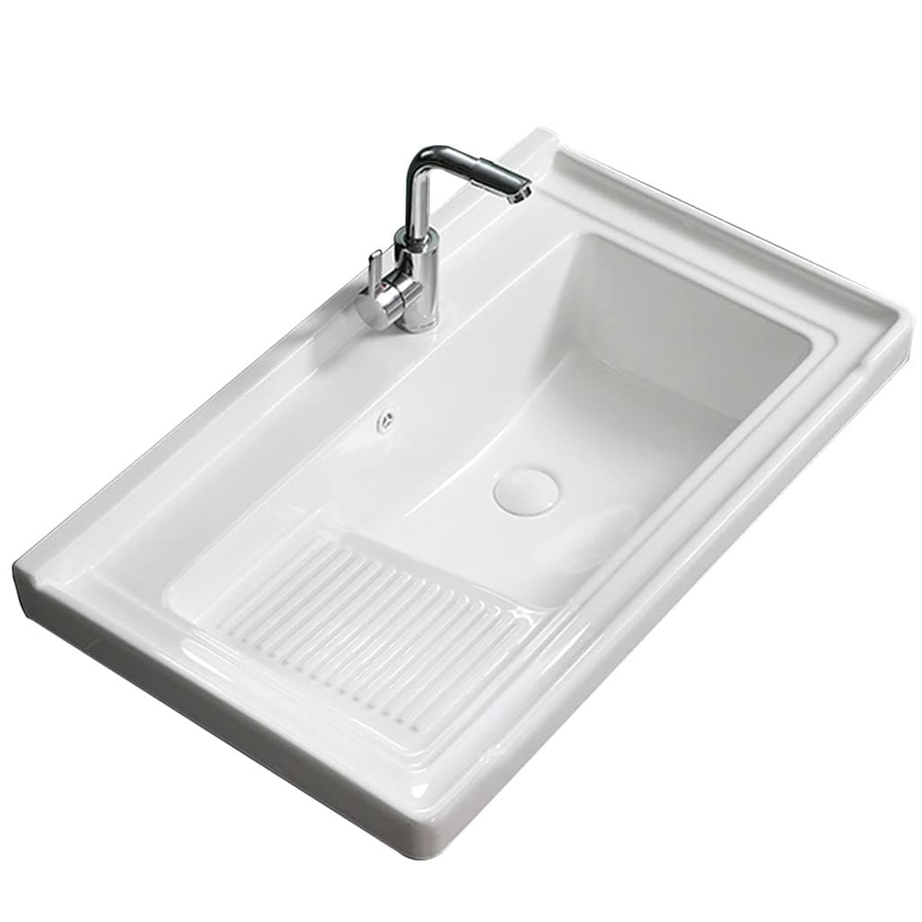 Large Bathroom Laundry Sink Rectangle Ceramic Balcony Vessel Sink Semi-recessed Laundry Tub with Washboard and Faucet