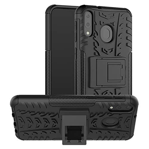 Lustree Rubber Hybrid Armor Back Cover with Kickstand Wheel Pattern for Samsung Galaxy M30 (Black)