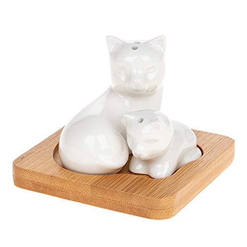White Cat and Kitten Cruet Set with Bamboo Stand