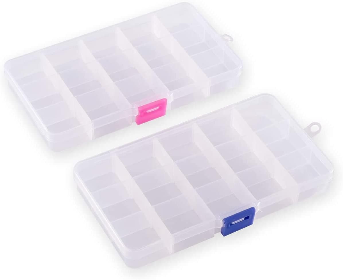 YukaBa 2 Pack 15 Grids Plastic Small Crafts Storage Boxes with Adjustable Dividers (6.7" × 3.9" x 1")