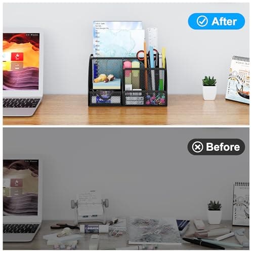 EasyPAG Mesh Desk Organizer 6 Compartment Office Supply Caddy with Drawer Pencil Holder ,Black