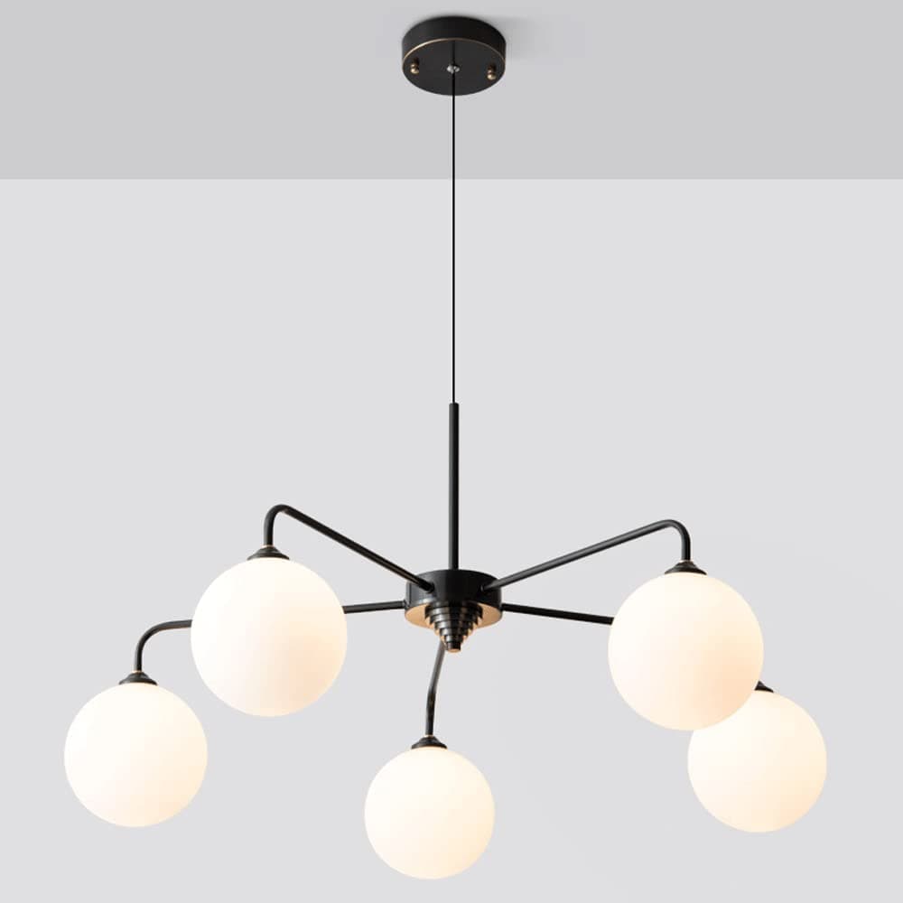 5 Light Artificial Satellite Chandeliers, Modern Brass LED Style Ceiling Light with Milky Glass Shade Chandelier Fixtures for Dining Room Living Room Kitchen Island