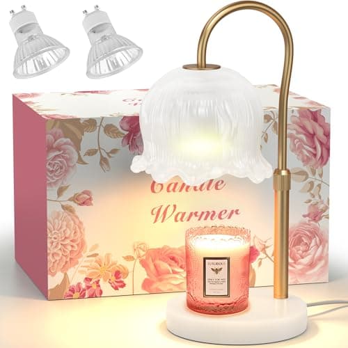 Lilymiya Candle Warmer Lamp with Timer - Modern Flower Shape, Dimmable, Hight-Adjustable Candle Warming Lamp with Premium Marble Base for Jar Candles, Scented Wax, 2 Bulbs Included for Home Decor