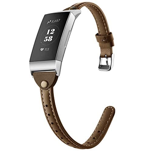 GHIJKL Compatible with Fitbit Charge 3 / Fitbit Charge 4 Bands for Women Men, Slim Genuine Leather Replacement Bands Classic Rivet Wristband Strap Accessories for Fitbit Charge 3/3 SE / 4