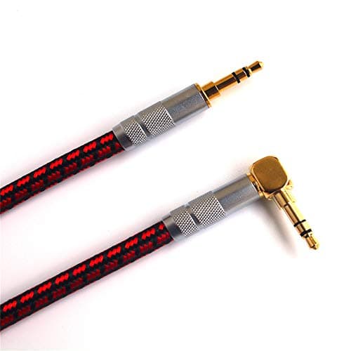 Primeda 3.5mm Premium Auxiliary Audio Cable Braided AUX Cable for Headphones, iPods, iPhones, iPads, Home/Car Stereos and More (Red) (3 Feet (1 Meter), Straight to Right Angle)