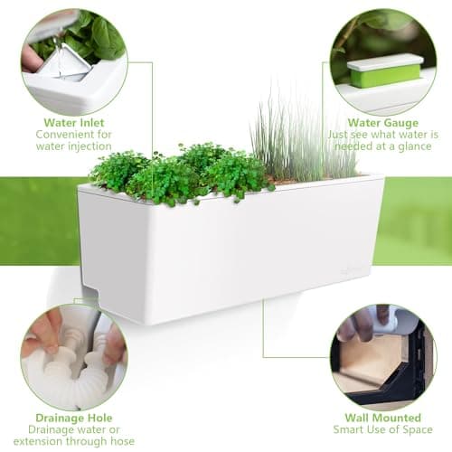 Glowpear Self Watering Planter Box - 23.6", White - UV Stable, Scalable Wall Mounts Plant Pot with Water Gauge, Indoor Outdoor for Vegetables, Flowers, Herbs, and Succulents, Gardening