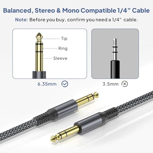 Elebase 1/4 Inch TRS Instrument Cable (10ft 2-Pack),Straight 6.35mm Male Jack Stereo Audio Interconnect Cord,6.35 Balanced Line Compatible for Electric Guitar,Bass,Keyboard,Mixer,Amplifier,Amp,Speaker