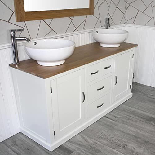Wooden Bathroom Vanity Unit with 2 Ceramic Basins - Modern Bathroom Sink Cabinet with Drawers - Double Vanity Unit with Chromed Mixer Taps - White Painted - Curve Sided Bowl (603PCB025X2)