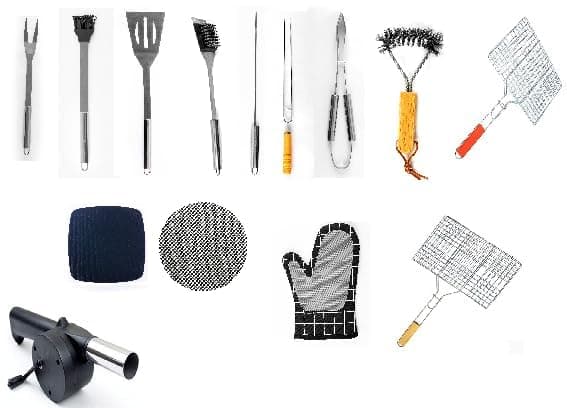 Amazon Brand - Umi BBQ Tools - Air Blower, Small & Large Grill Net, Wooden & SS Cleaning Brush, Fork, Tong, Spatula, Sauce Brush, Wooden & SS Skewers, Grill Mesh & Mat, One Hand Glove- Set of 14