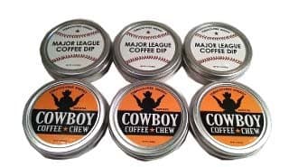 SPLIT 6 Pack Cowboy Coffee Chew & Major League Coffee Dip Quit Chewing Tin Can Non Tobacco Nicotine Free Smokeless Alternative to Dip Snuff Snus Leaf