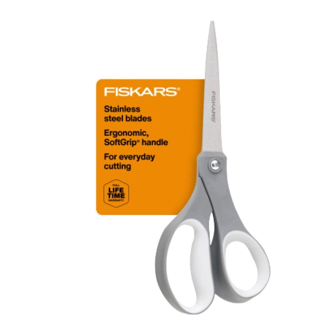 Fiskars SoftGrip Scissors - Contoured Performance All Purpose - 20.3 cm Stainless Steel - Straight Paper Scissors for Office, and Arts and Crafts - Grey