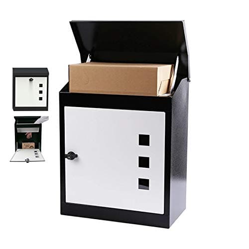 Metal Drop Box Freestanding Floor Parcel Lockable Drop Slot Mail Box, Black and White Upper and Lower Door Design Key Drop Box
