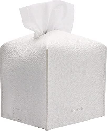 Tissue Box Cover Holder, Square with Bottom Belt by Carrot's Den - PU Leather Decorative Organizer for Tabletop, Bathroom, Car, Office | Pure White