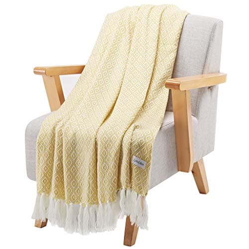 LANGRIA Geometrical Pattern Wearable Throw Blanket with Tassels Knitted Soft Warm Shawl Lightweight Cozy Wrap for Sofa Coach Bed All-Seasons Blanket Easy Care Machine Washable(50"x60", Diamond Yellow)