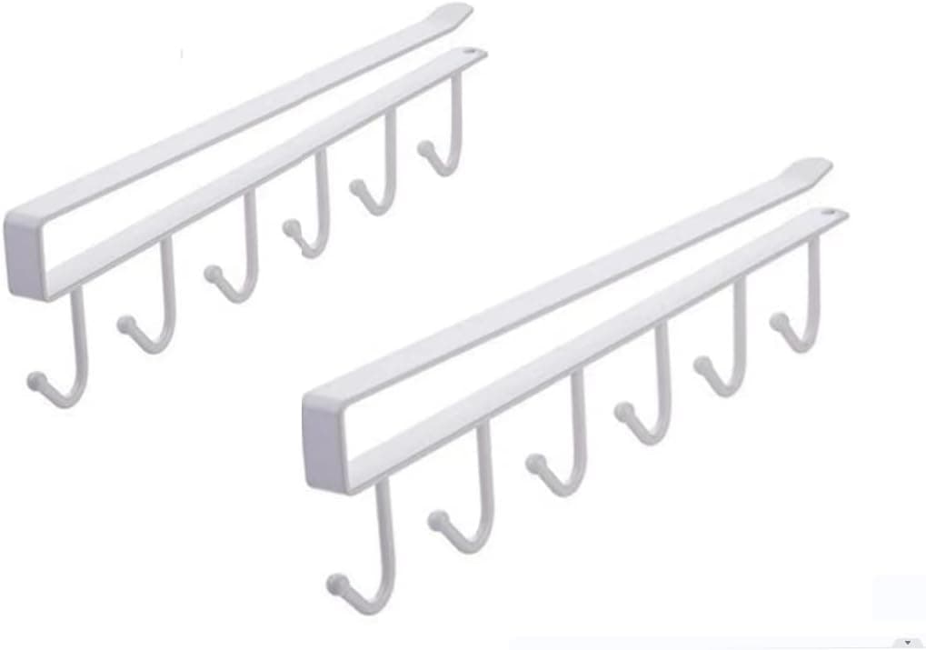 2 Pcs Iron 6 Hooks Storage Shelf Wardrobe Cabinet Metal Under Shelves Mug Cup Hanger Bathroom Kitchen Organizer Rack Holder White