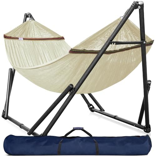 Tranquillo Double Hammock with Stand Included for 2 Persons/Foldable Hammock Stand 550 lbs Capacity Portable Case - Inhouse, Outdoor, Camping, White