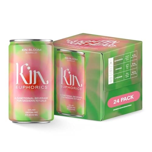 Kin Bloom by Kin Euphorics, Non Alcoholic Spirits, Prebiotic, Ready to Drink, L-Theanine, Schisandra, Damiana, Strawberry, Ease Back to Center, Conjure Clarity and Vision, 8 Fl Oz (24pk)