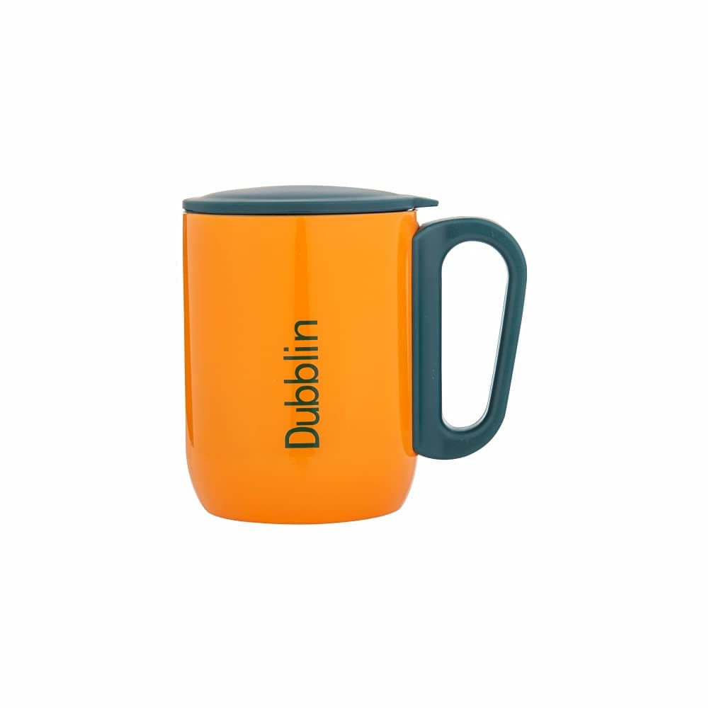 DUBBLIN Polo Stainless Steel Unbreakable Tea Coffee Mug Double Wall with Handle and Lid, Wide Mouth Mug Keeps Beverages Hot & Cold 220 ML Orange