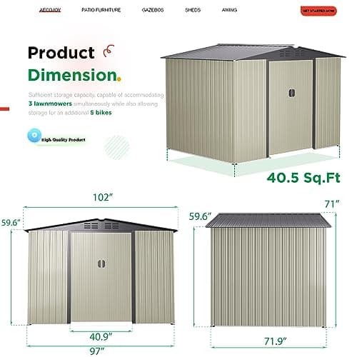 AECOJOY 8 x 6 Ft Outdoor Storage Tool Shed with Sliding Door, Metal Garden Shed for Yard, Clearance in Grey