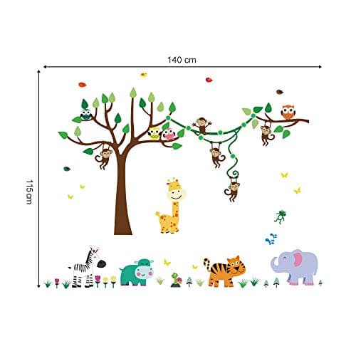 decalmile Animals Tree Wall Stickers Decorative Sticker Monkey Giraffe Elephant Wall Decoration Bedroom Kids Baby Nursery