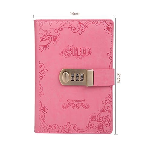 PU Leather Journal Writing Notebook, ABBER PU Leather Notebook Password Diary with Combination Lock Stationery Student Handbook Notepad (Pink)