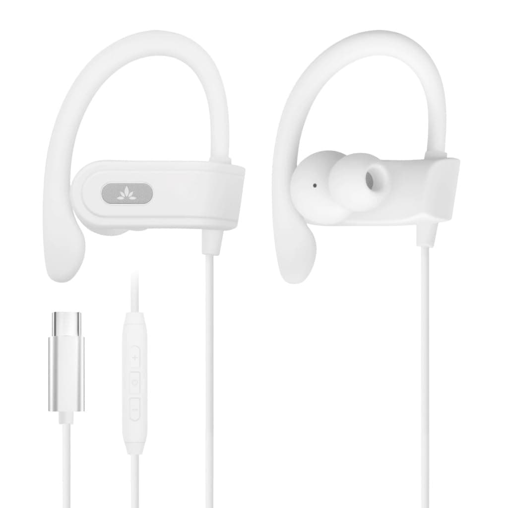 C171 - USB-C Wired Earbuds, Microphone & Volume Controls, Compatible with New iPhone 15 & 16, Samsung, Google & Android Type C Phones, Headphones, Ear Hook for Running & Sports - White