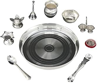 Pooja thali Set Silver Plated with 8 Inch Plate Diya Kalash Bowl Ghanti Dhup Dan Palli Spoon Kumkum Stand Coin Puja Thali for Diwali Home Mandir Office Wedding Return Gift Items