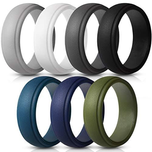 Saco Band Silicone Rings Men - 7 Pack / 1 Ring Rubber Wedding Bands (Dark Blue, Olive Green, White, Grey, Dark Grey, Black, Dark Teal, 7.5-8 (18.2mm))