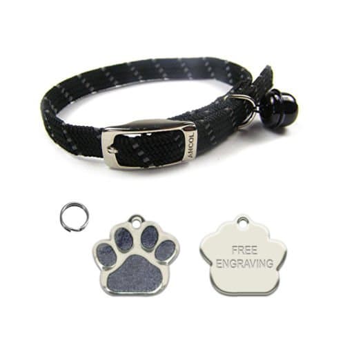 ANCOL Cat Black Reflective Elasticated Softweave Collar With Paw Print Shaped Glitter Cat ID Tag