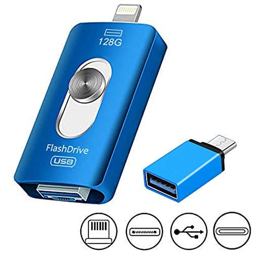 128GB USB Flash Drives for iPhone 4 in 1 iOS Memory Stick OTG Jump Drive Thumb Drives External USB C/Micro USB Memory Storage Drive for Android/iOS and Computers (Black) (Blue)