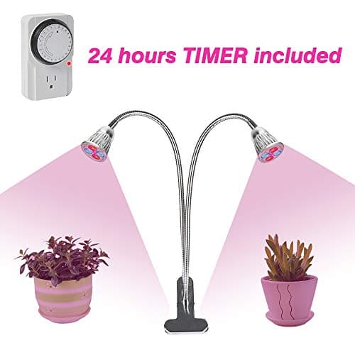 Dual-Head LED Growing Light with 24-Hour Mechanical Outlet Timer Desk Clip Grow Light with Double Flexible Gooseneck and Individual Switch for Indoor Plants Home Office