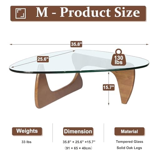 Triangle Coffee Table in Walnut Mid Century Modern Solid Wood Base and Triangle Clear Glass Coffee Table for Living Room Low Minimalist Tea Table Coffee Tables (36 * 25.6 * 16, Walnut Transparent)