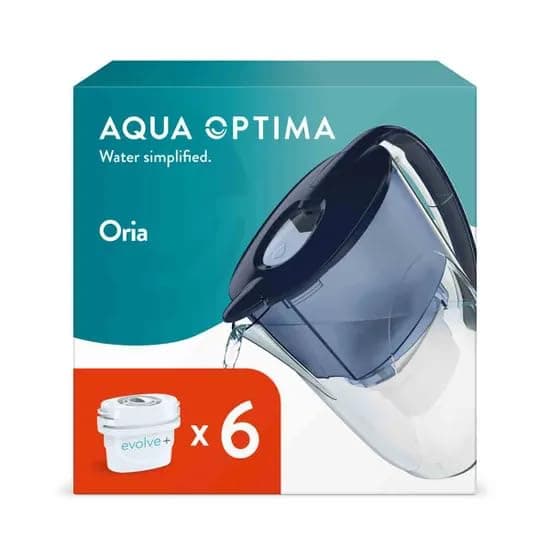 – Oria Water Filter Jug & 6 Evolve+ Filter Cartridge 2.8L Blue - Fridge & Dishwasher Friendly, Easy Fill - Reduces Limescale, Chlorine & Other Impurities - By LAICA (Packaging May Vary)