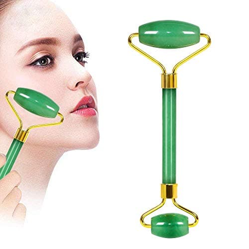 Jade face roller rose quartz gua sha massage tool Newly Version Natural rejuvenates stone for Anti-face aging neck wrinkgles Checks Eyes slimmer tightening with Gift Box Set (green)