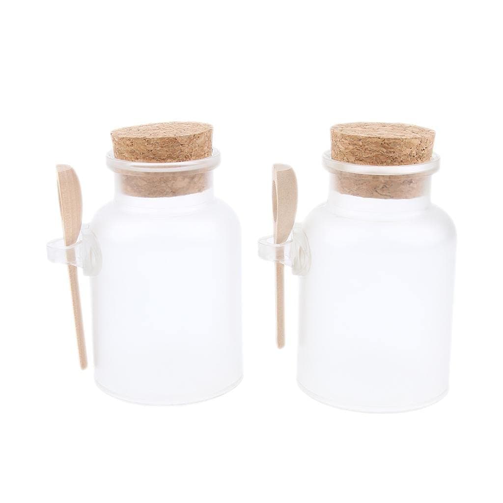 JAZZY PEARLS 2 Pieces ABS Bath Salt Bottles Empty Clear Corked Jar with Wood Spoon 200g
