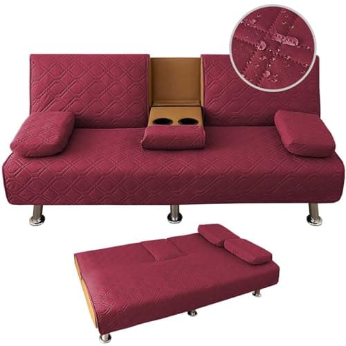 4 Pieces Click Clack Sofa Bed Cover 3 Seater, Quilted Convertible Folding Cover with 2 Removable Armrests and 1 Holders Covers (Wine Red)