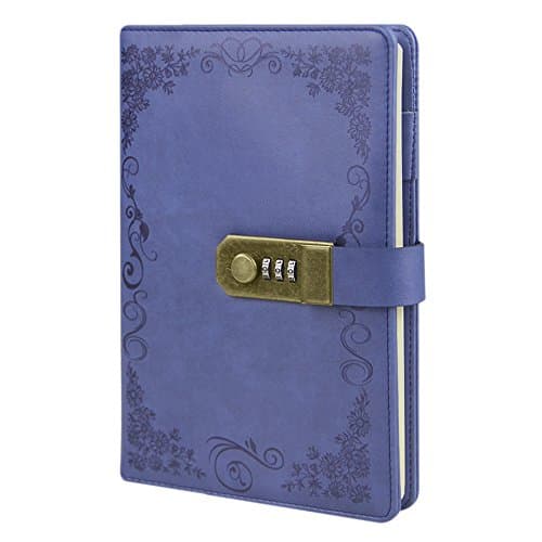 Soft PU Leather Writing Journal Portable A5 Travel Diary Lined Pages Business Notepad Vintage Embossed Notebook with Combination Lock, Card Slots, Pen Loop, 100 Sheets