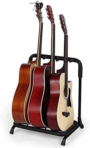 3 Holder Guitar Stand Rack, Folding Portable Band Stage Multi-Guitar Display Decor for Acoustic, Bass, Electric Guitars, Black (3 holder, black)