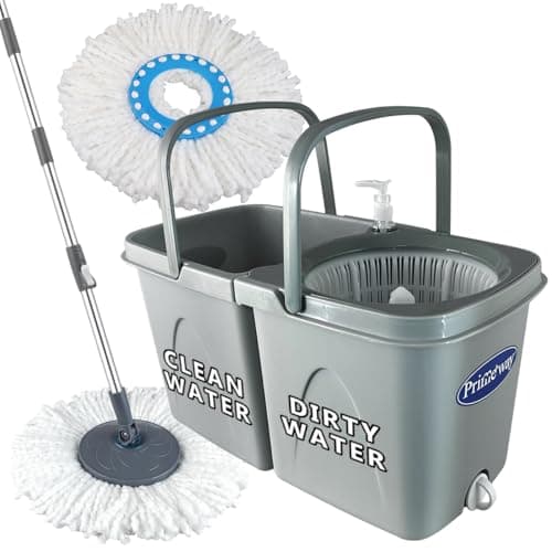 Primeway® PP Twin Bucket 360 Rotating Spin Floor Cleaning Mop with Clean and Dirty Water Separator with 2 Microfibre 38cm Mop Head Refills | 6 LTR | Grey
