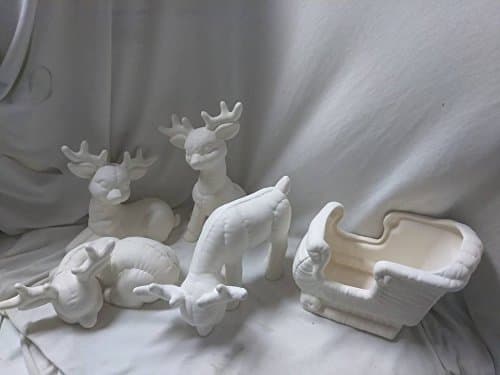 Large Sleigh and 4 Reindeer Set Ceramic Bisque, Ready to Paint