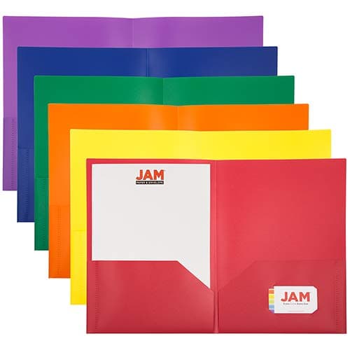 JAM PAPER A4 Plastic 2 Pocket POP Folders - 230 x 310 mm - Assorted Primary Colours - 6/Pack