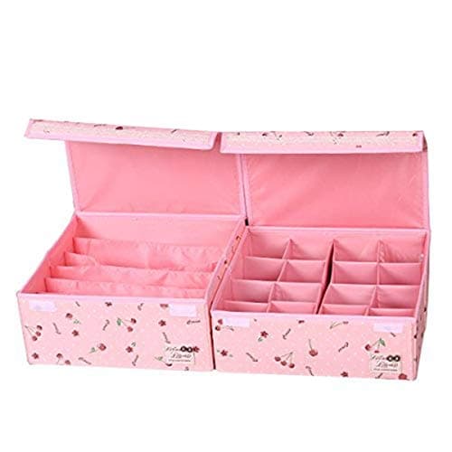 HOMESGU Foldable Washable Adjustable Storage Box Bra Underwear Socks Ties Closet Organizer Drawer Divider Kit with Dust-Proof lids 2 Pcs/Set (Set(Bra Box+16-Grid), Cherry)