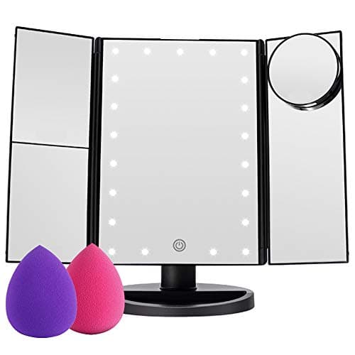 COSMIRROR Lighted Makeup Mirror, Trifold Makeup Vanity Mirror with 21 LED Lights and 1X/2X/3X Magnification / Makeup Sponge, Dual Power Supply, 180° Rotation Cosmetic Mirror (Black)