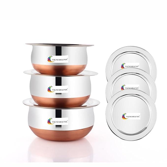 Copper Bottom 0.500ML 1000ML 1200ML Handi Set with Lid Cover Stainless Steel Cookware Set Serving Cooking Tope Bowl for Kitchen Copper Bottom Vessels for Cooking (Copper HANDI3 PIC++LID)