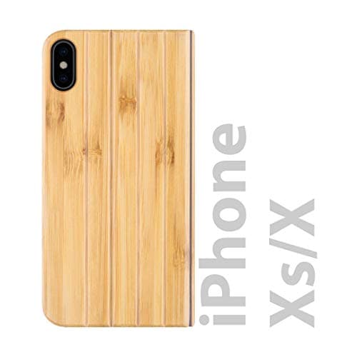 iATO iPhone X Book Type Case - Real Bamboo Wood Grain Premium Protective Front & Back Cover - Unique Folio Flip Bumper Accessory for iPhone X (2017) - Supports Wireless Charging