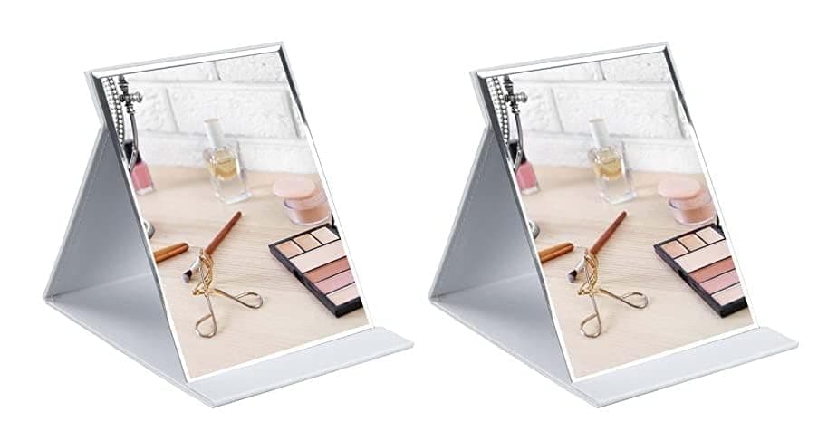 CEPLO Foldable Makeup Mirror Compact Frameless Vanity Mirror with Stand, PU Leather Travel Mirror, Free-Rectangular Folding Cosmetic Mirror for Desk, Purse & Travel (White, Pack of 2)